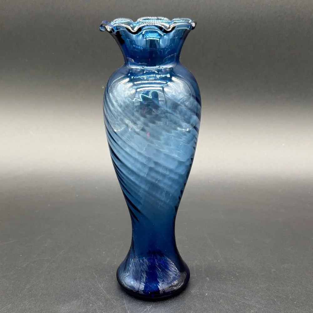 Scalloped Blue Swirl Twisted Art Glass Bud Vase
